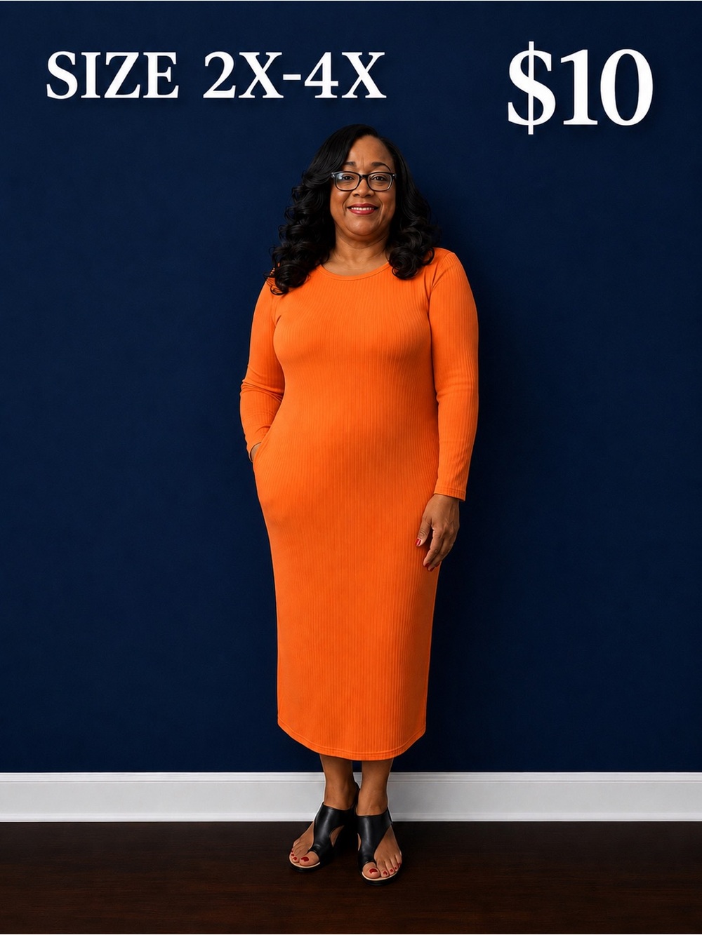 Classic Long Sleeve Midi Dress in Orange - Plus Size 2X-4X